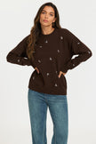 Embroidered Floral Knit Jumper Top In Brown