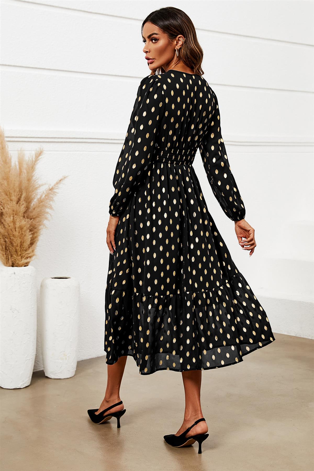 Lace Trim Foil Long Sleeve Maxi Dress In Black
