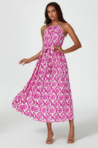 Floral Print Tie Halterneck Maxi Dress In Pink