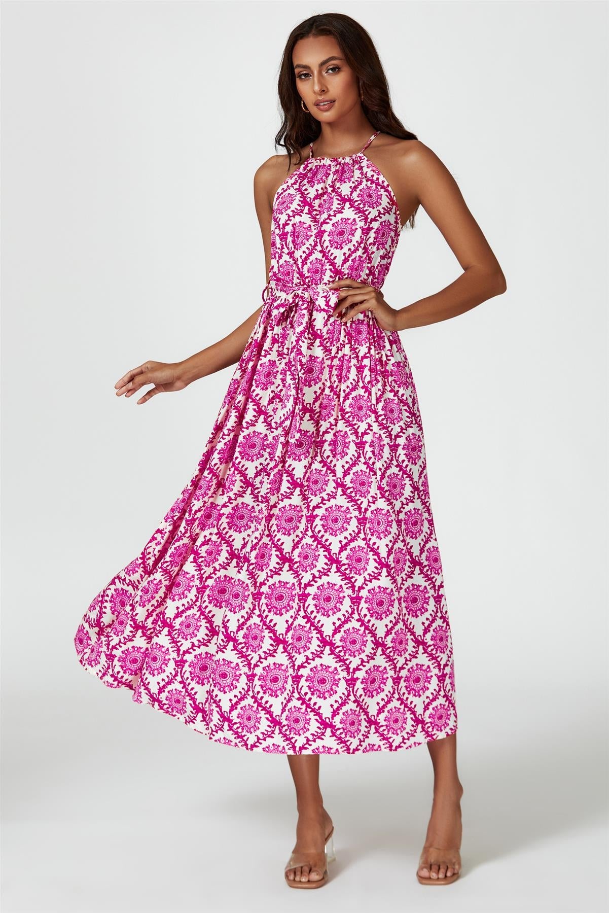 Floral Print Tie Halterneck Maxi Dress In Pink