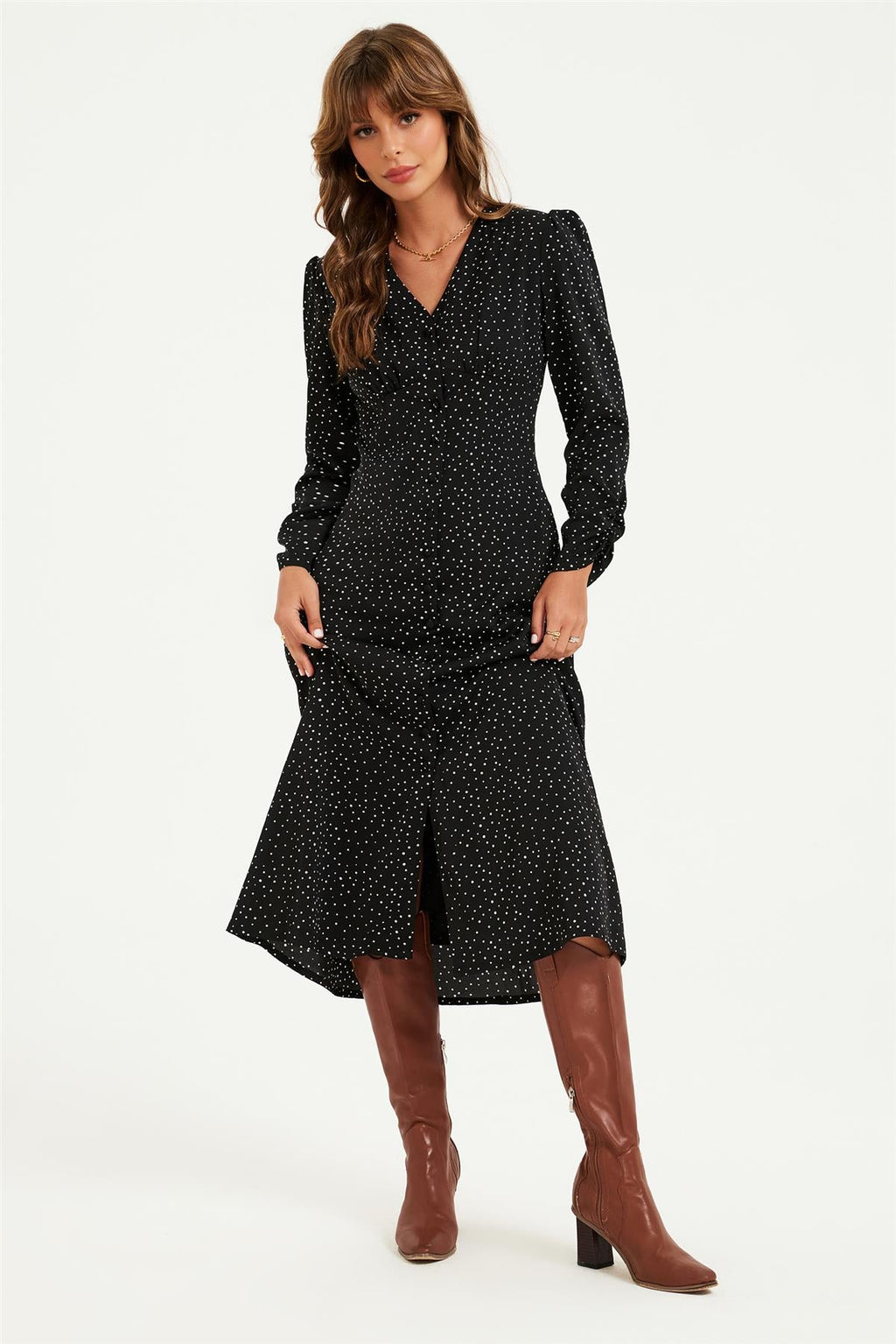 Dot Print Long Sleeve Button Front Midi Dress In Black