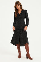 Dot Print Long Sleeve Button Front Midi Dress In Black