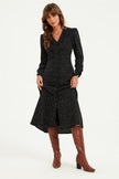 Dot Print Long Sleeve Button Front Midi Dress In Black