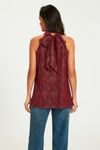 Gold Stripe Foil Halter Neck Tie Back Top In Wine