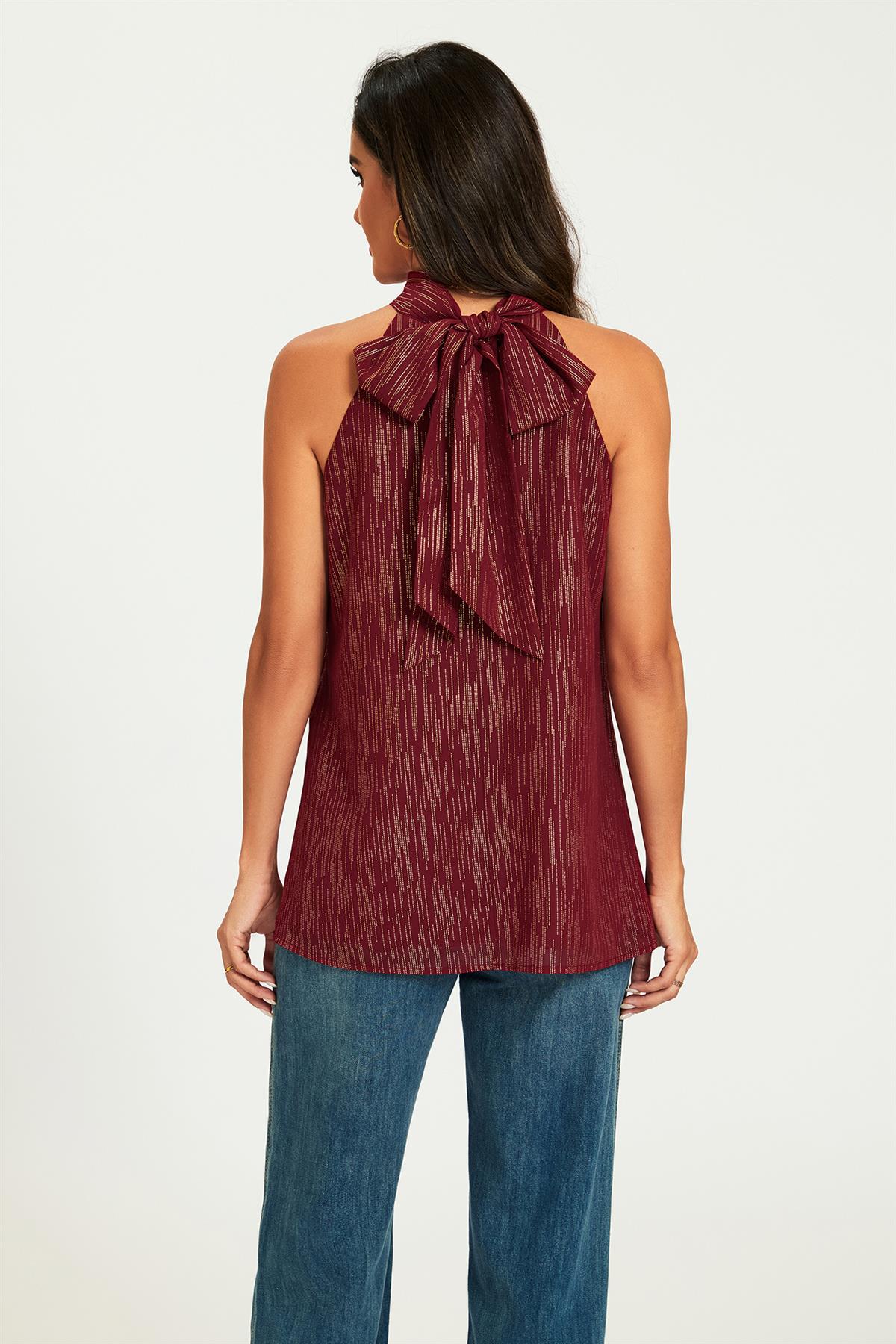 Gold Stripe Foil Halter Neck Tie Back Top In Wine