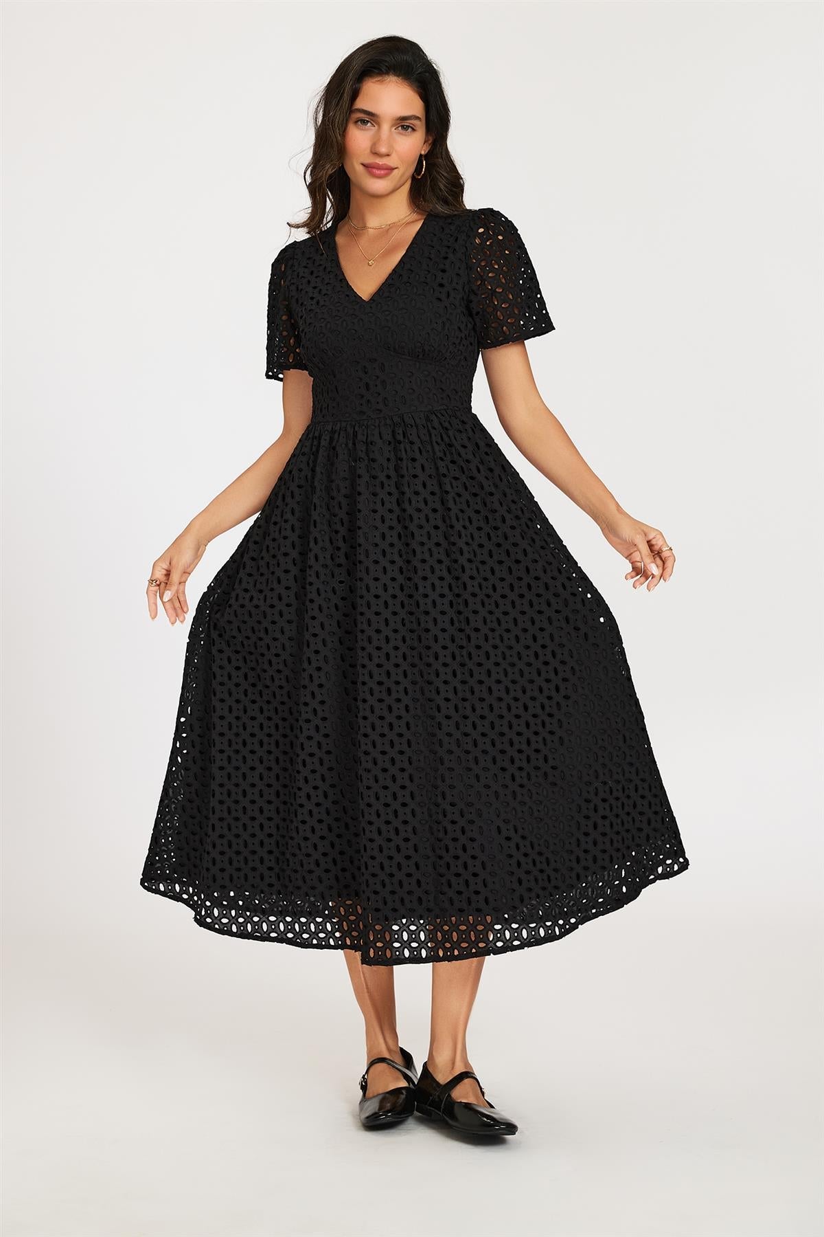 Broderie Anglaise Midi Dress In Black