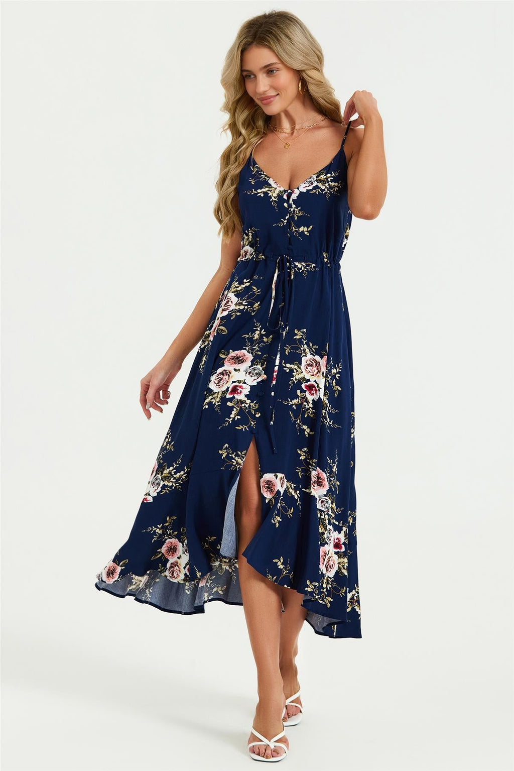 Floral Print Button Down High Low Strappy Dress In Navy