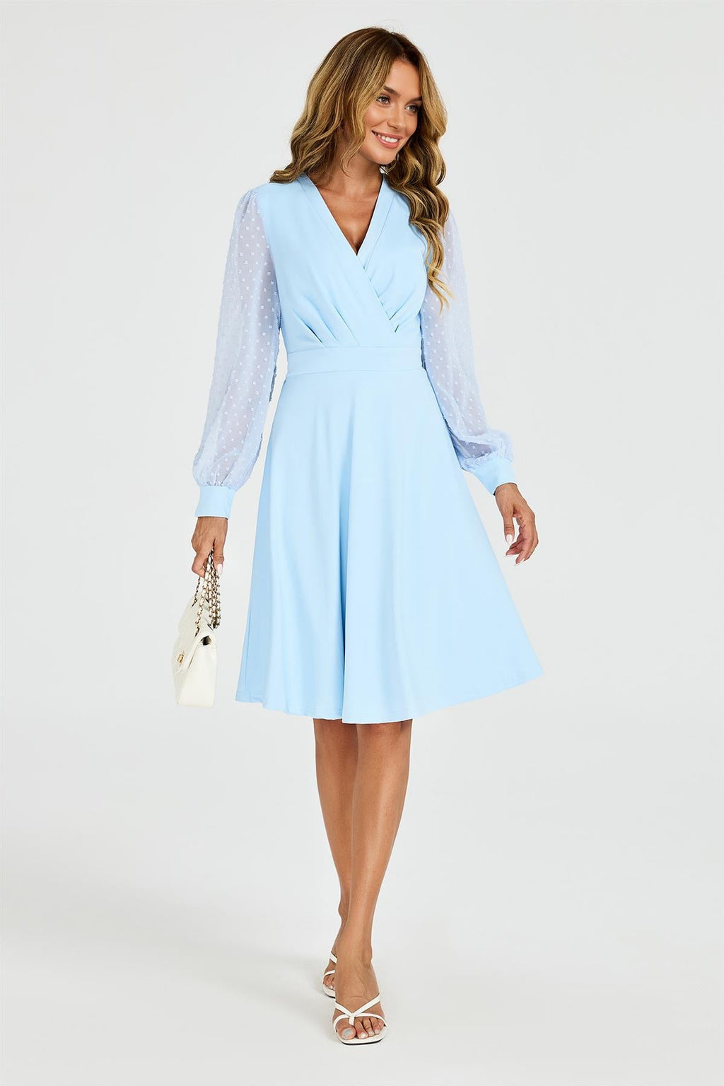 Long Sleeve Pleated Detail Midi Dress In Pale Blue