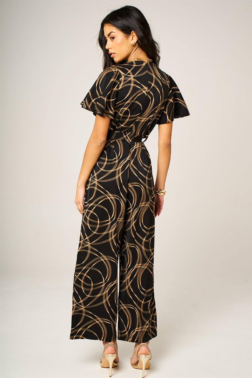 Abstract Line Print Wrap Top Jumpsuit In Black