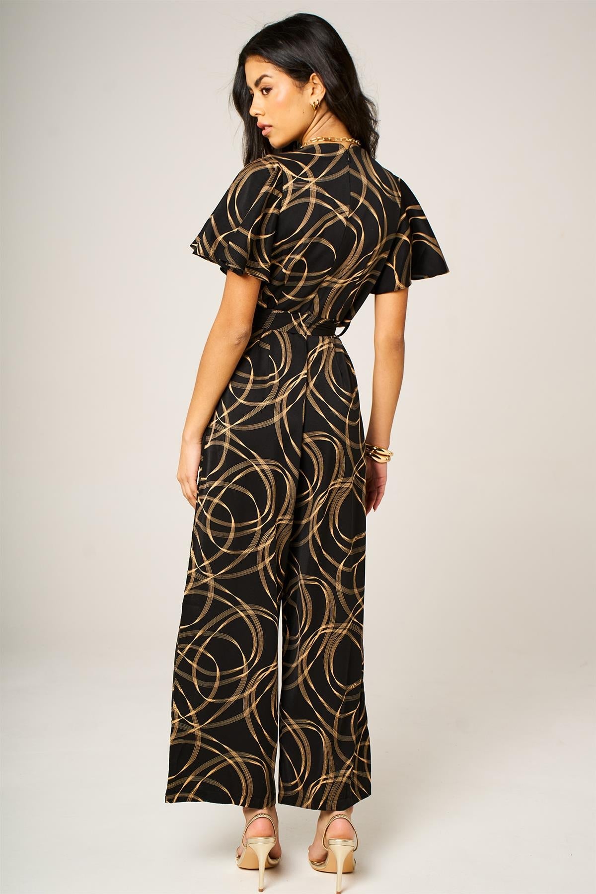 Abstract Line Print Wrap Top Jumpsuit In Black
