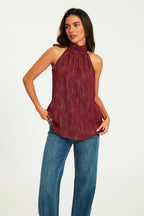 Gold Stripe Foil Halter Neck Tie Back Top In Wine