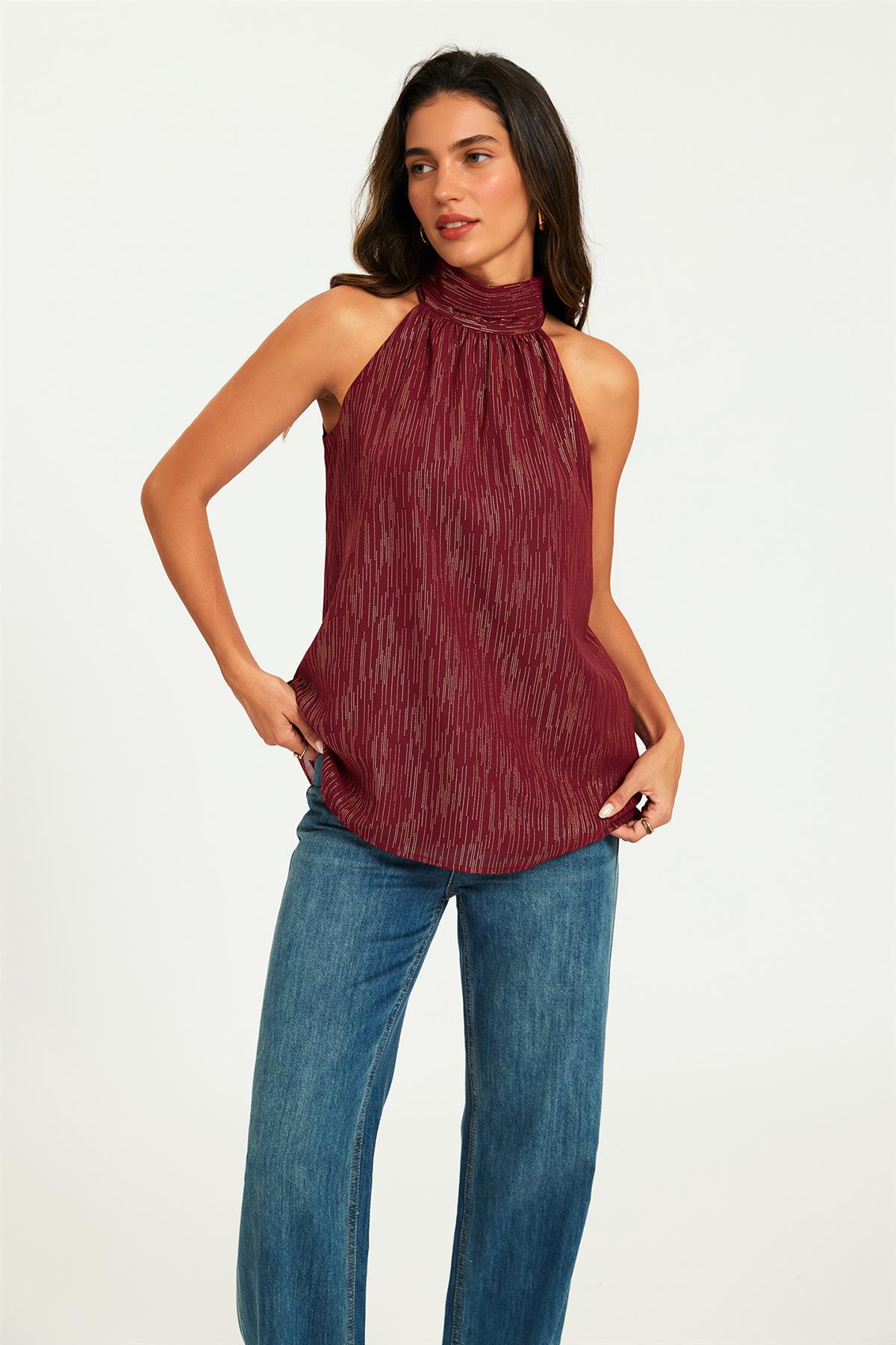 Gold Stripe Foil Halter Neck Tie Back Top In Wine