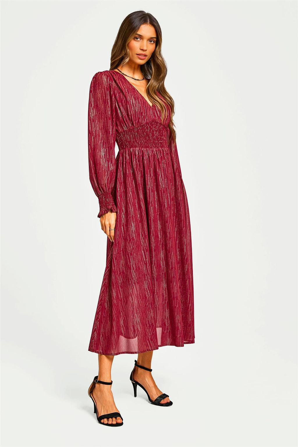 Gold Stripe Foil Long Sleeve Maxi Dress In Wine