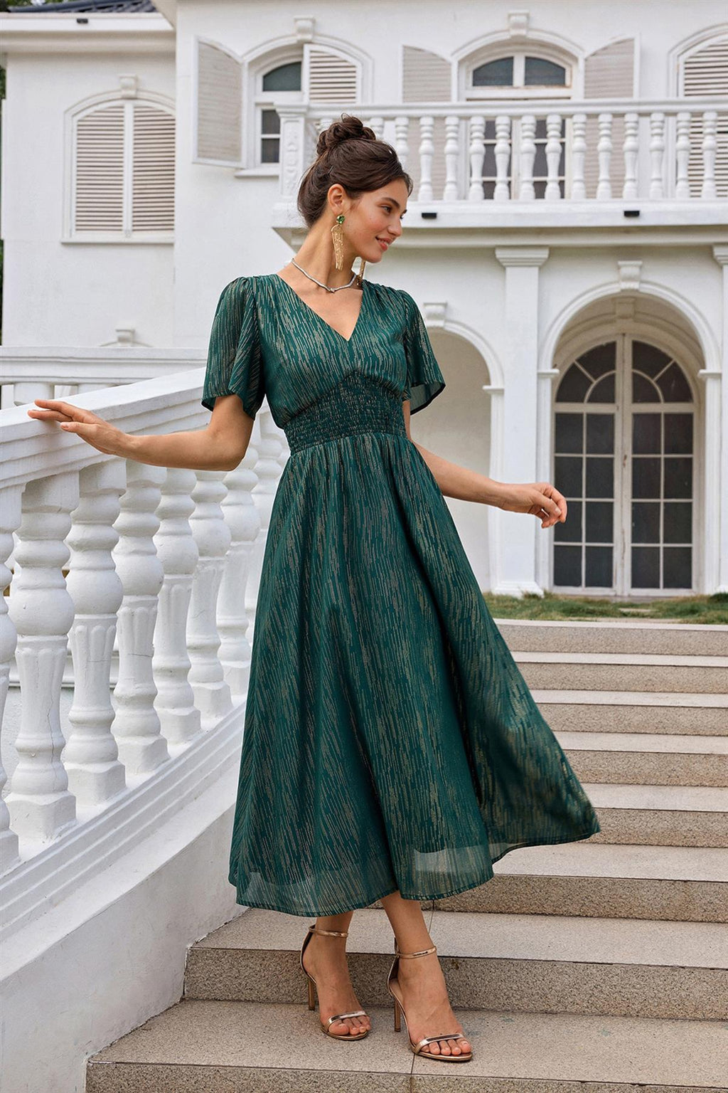 Angel Sleeve Gold Stripe Foil Midi Dress In Green