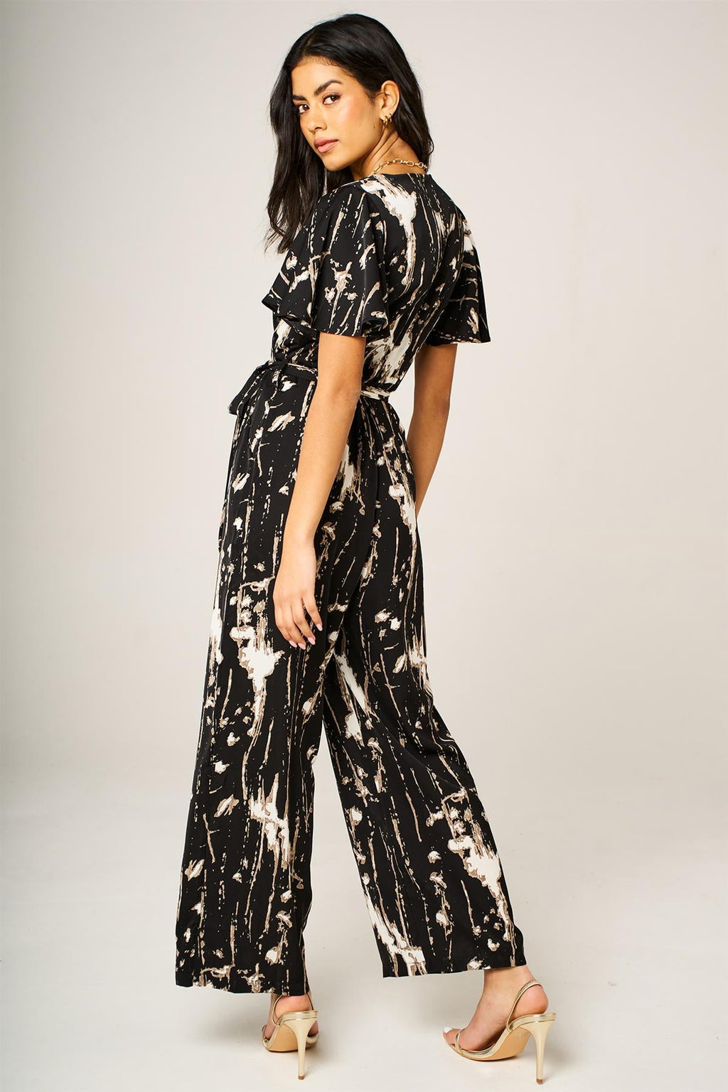 Bleach Effect Print Wrap Top Jumpsuit In Black