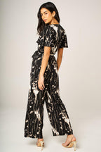 Bleach Effect Print Wrap Top Jumpsuit In Black