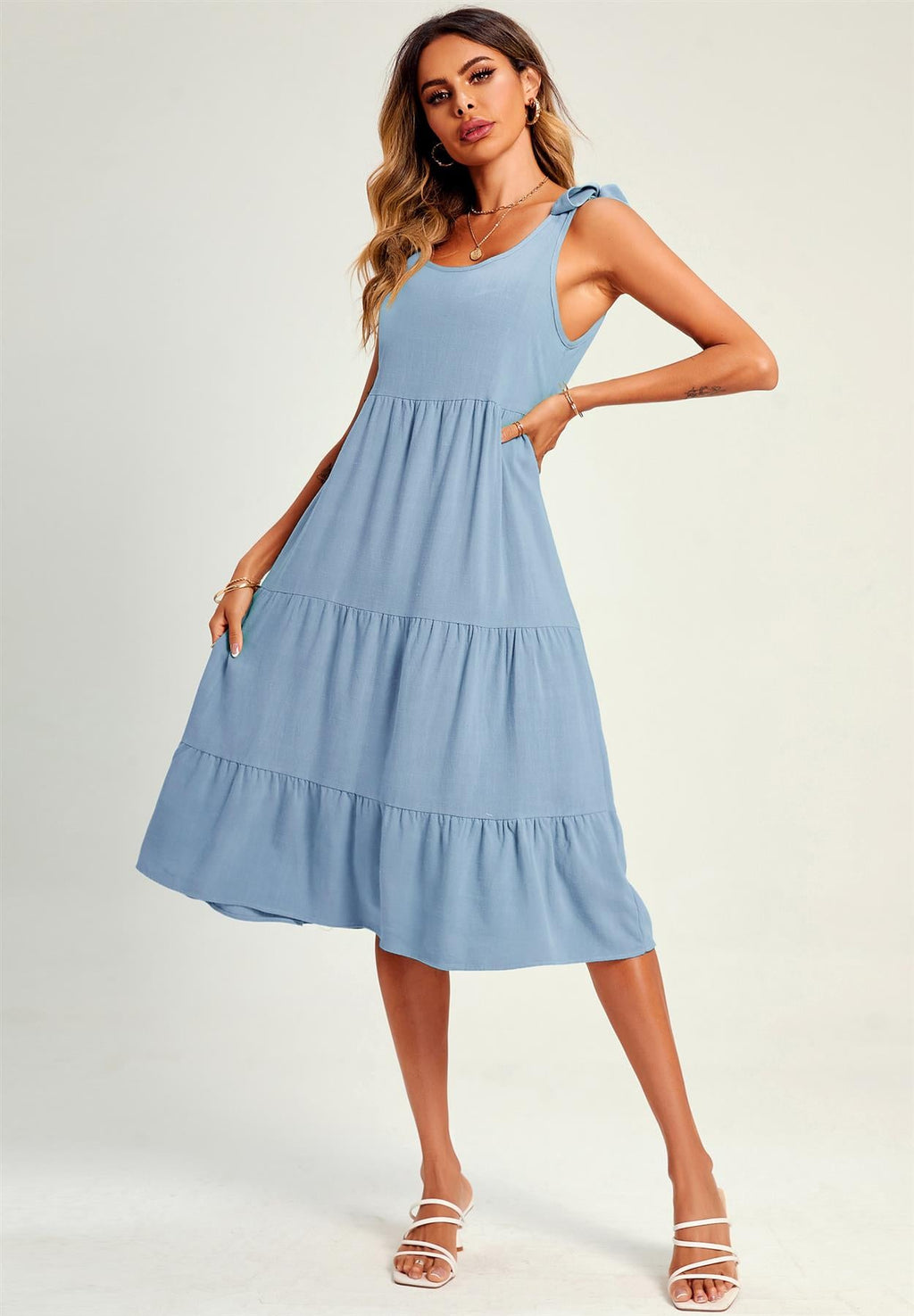 Relaxed Linen Self Tie Shoulder Tiered Midi Dress In Light Blue