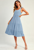 Relaxed Linen Self Tie Shoulder Tiered Midi Dress In Light Blue