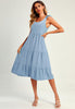 Relaxed Linen Self Tie Shoulder Tiered Midi Dress In Light Blue