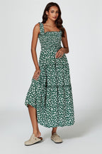 Floral Print Hem Detail Tiered Maxi Dress In Green
