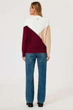 Colour Block Jumper Top In Camel & Wine & White
