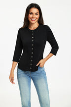 Button Through 3/4 Sleeve Jersey Cardigan Top Black