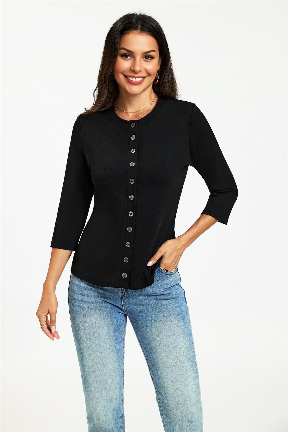 Button Through 3/4 Sleeve Jersey Cardigan Top Black