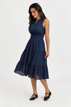Sleeveless Broderie Anglaise Midi Dress In Navy