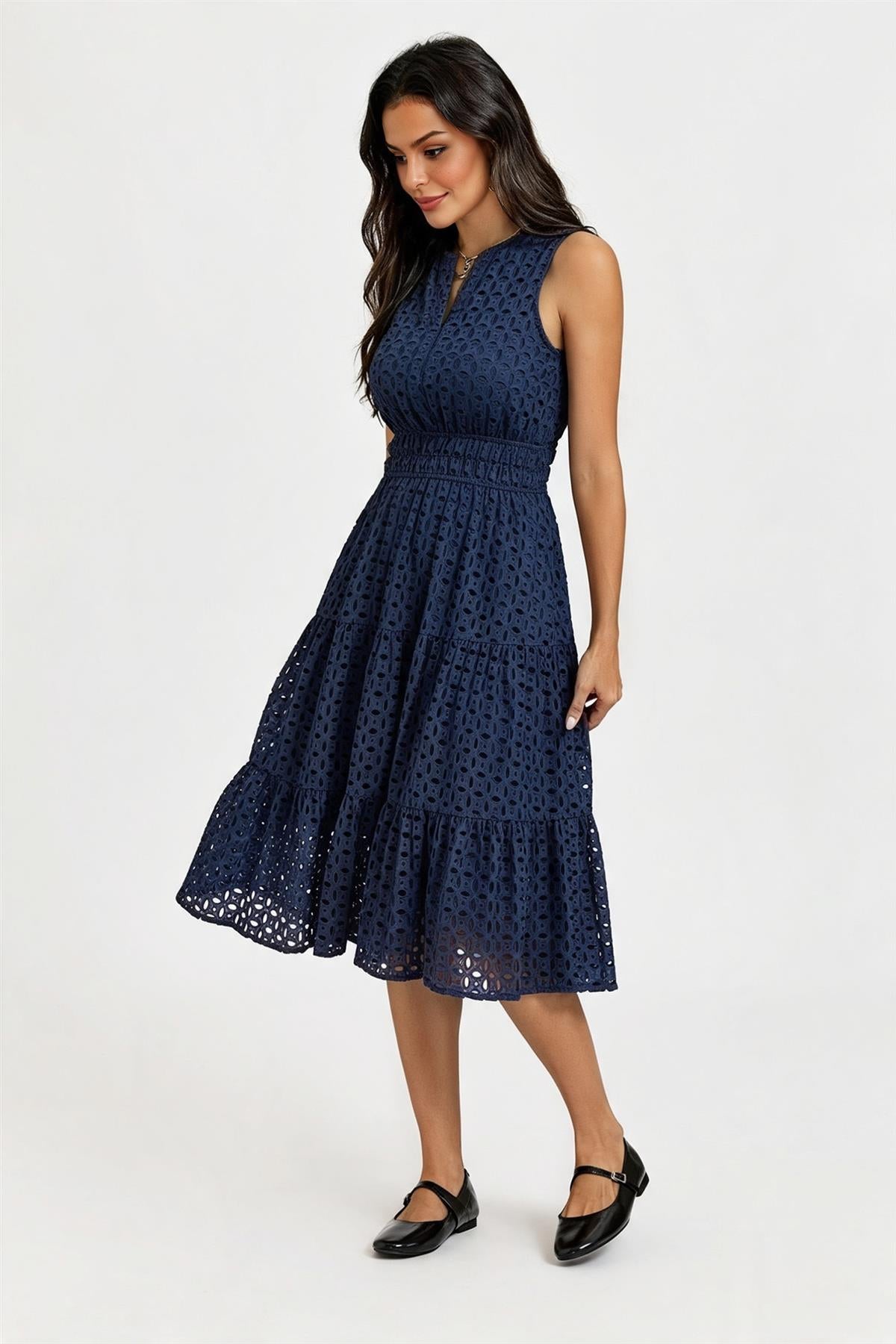 Sleeveless Broderie Anglaise Midi Dress In Navy