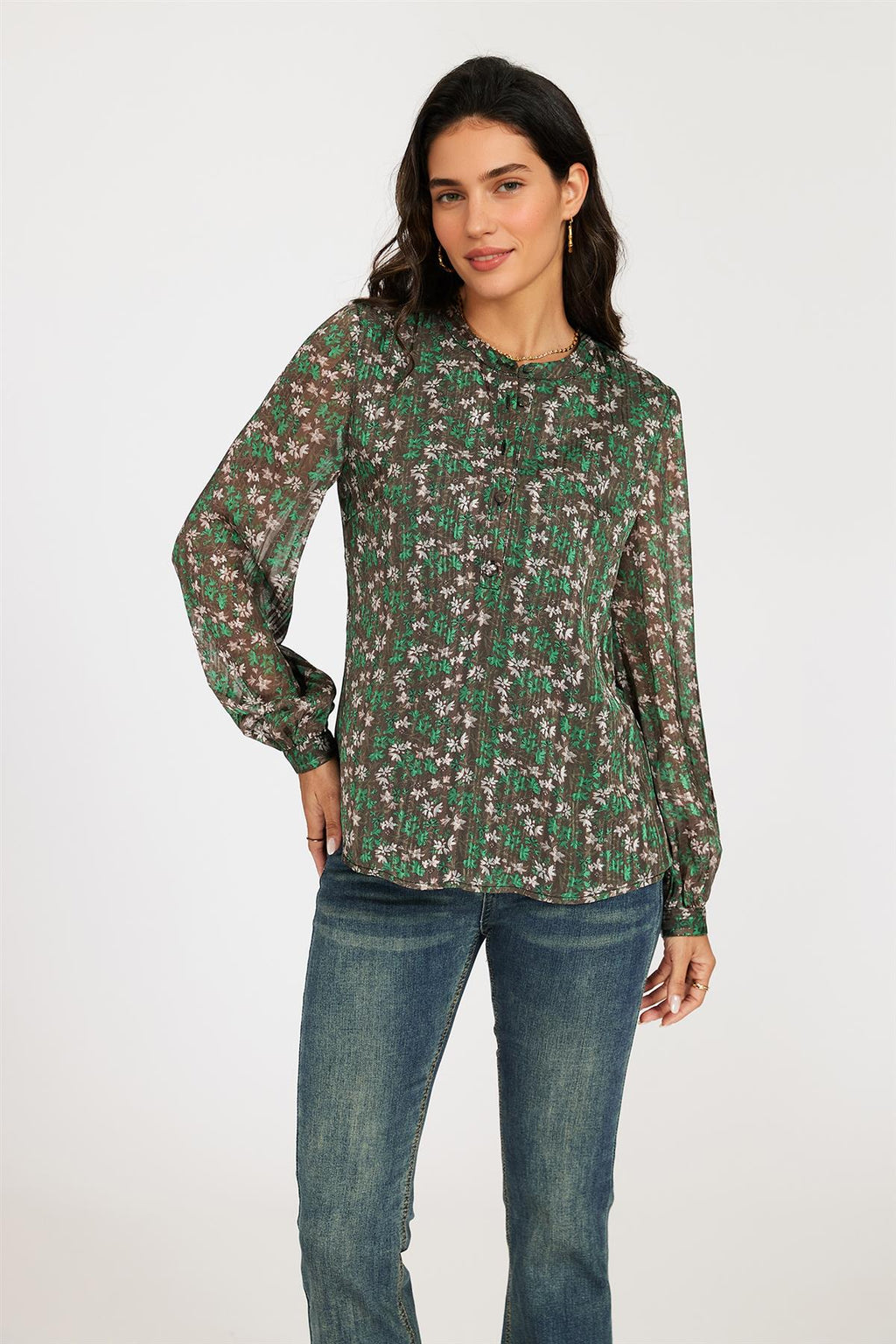 Silver Thread Print Long Sleeve Sheer Blouse In Brown