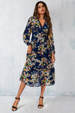 Robe longue à manches longues imprimé floral bleu marine