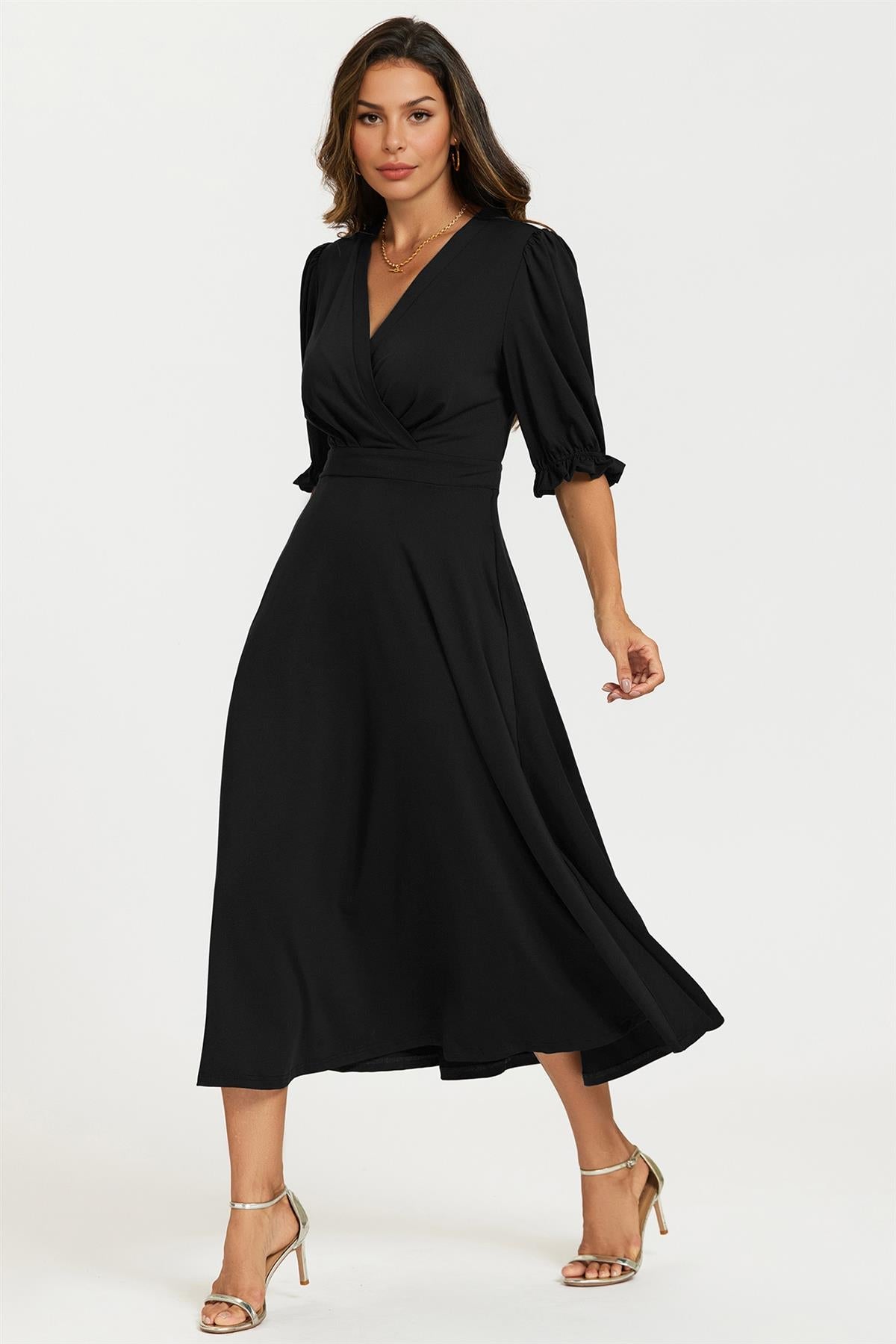 Half Sleeves Jersey Midi Dress with Wrap Neckline In Black