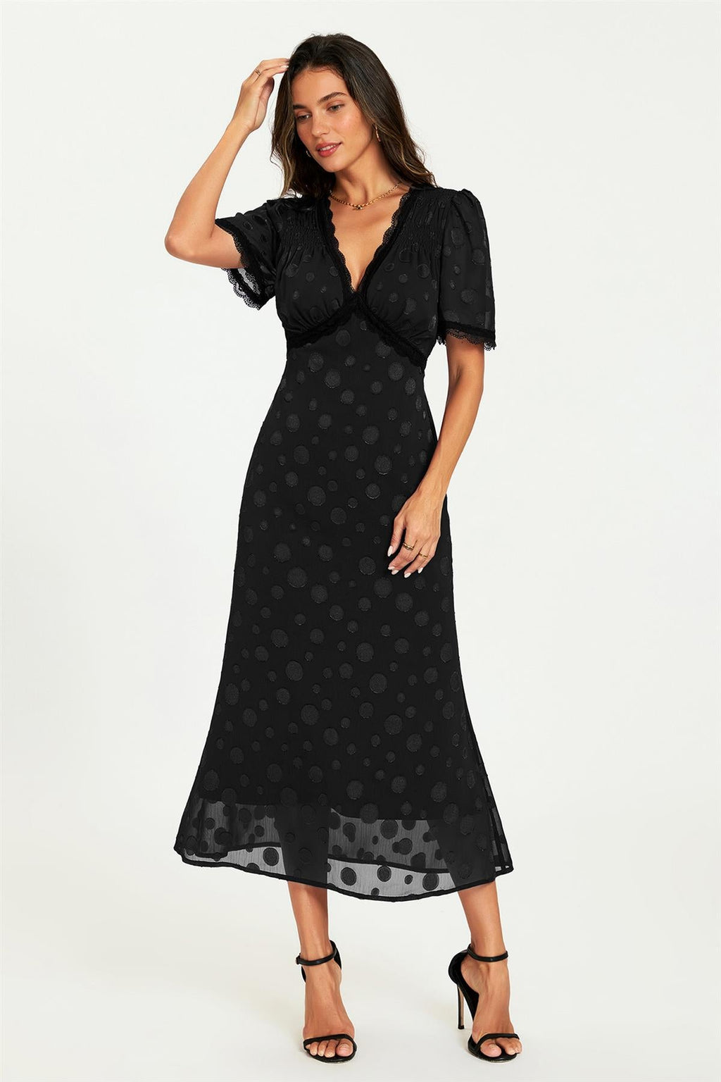 Polka Dot Jacquard Lace Trim Midi Dress In Black