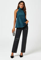 Satin Halter Neck Tie Back Top In Teal