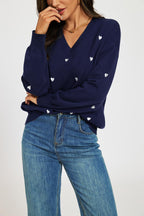 Embroidery White Heart V Neck Jumper In Navy