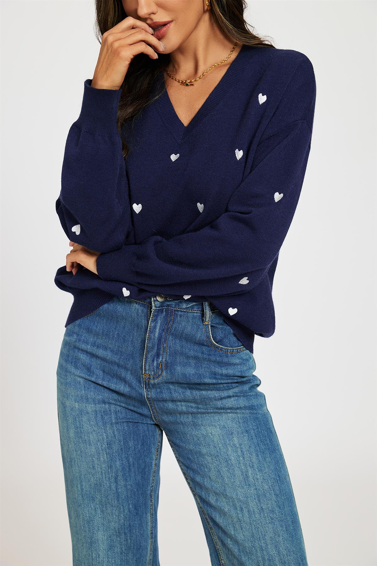 Embroidery White Heart V Neck Jumper In Navy