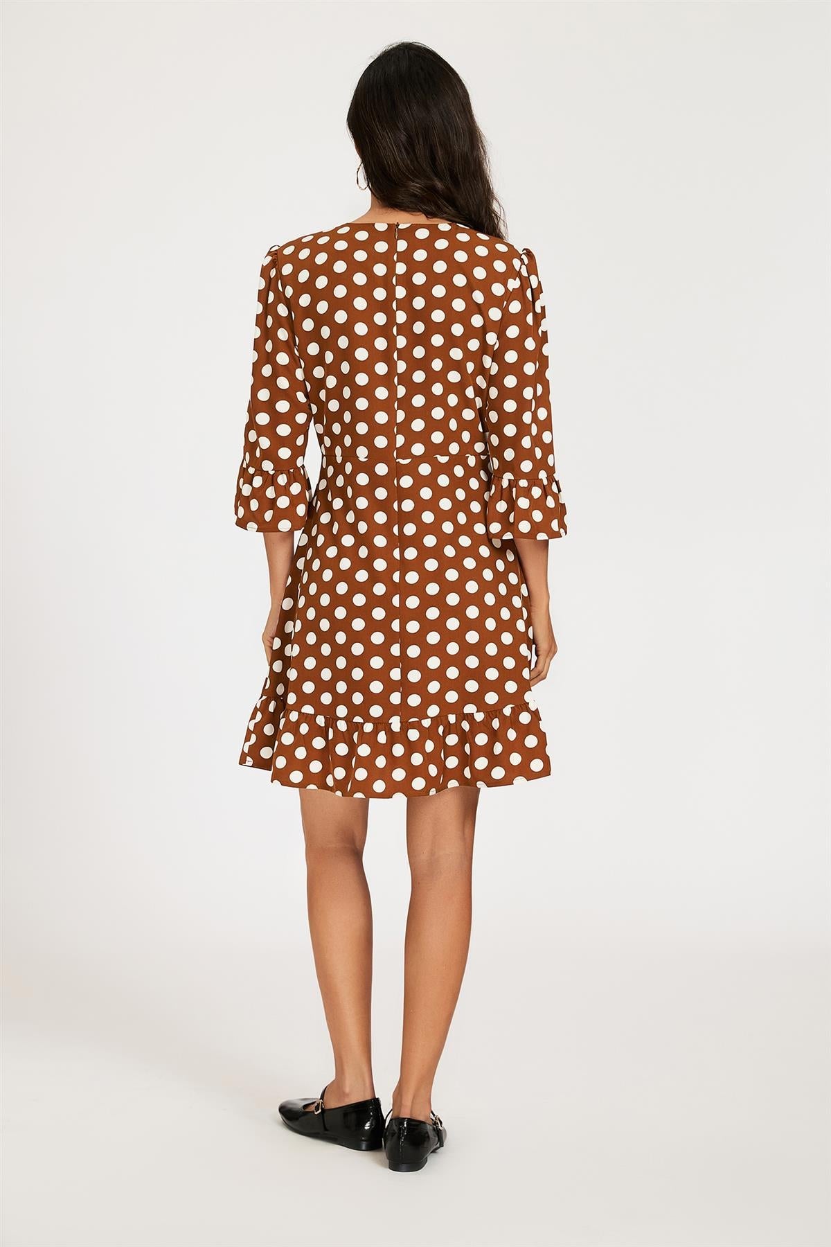 Polka Dot Print Frill Detail Mini Dress In Brown