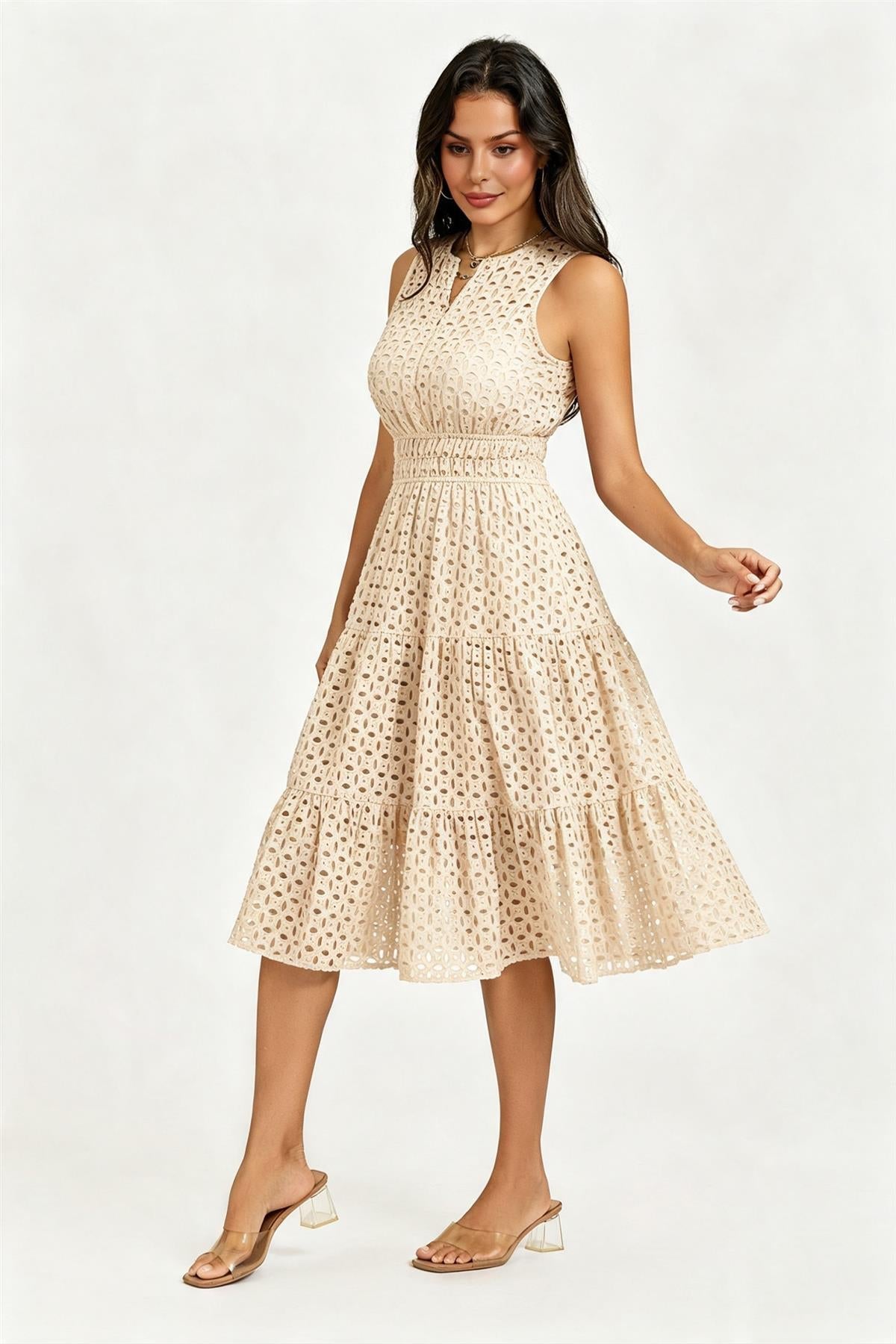 Sleeveless Broderie Anglaise Midi Dress In Off White