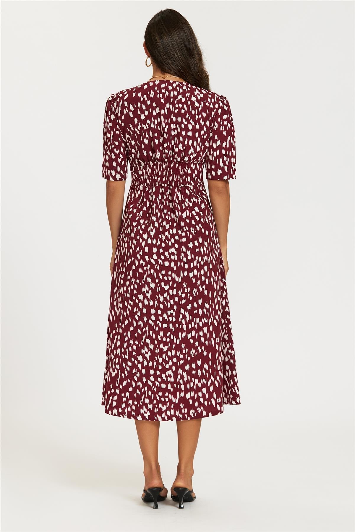 Brushstroke Print Button Front Midi Dress In Burgundy