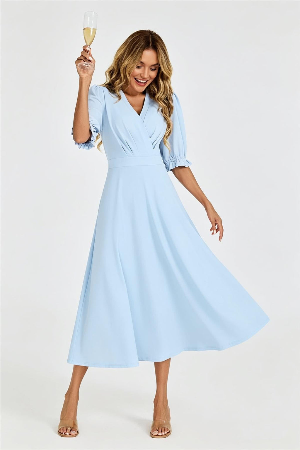 Half Sleeves Jersey Midi Dress with Wrap Neckline In Pale Blue