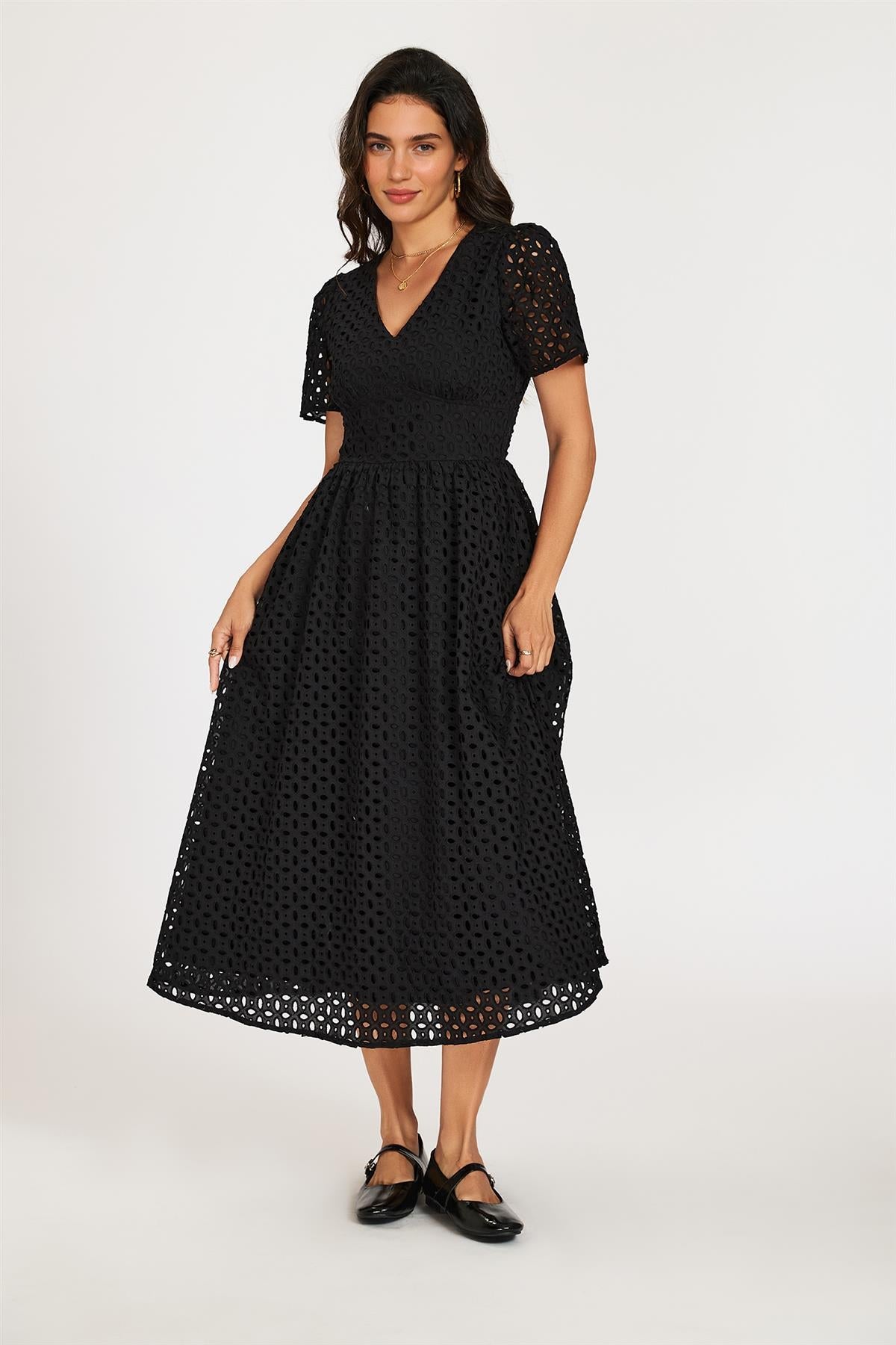 Broderie Anglaise Midi Dress In Black