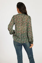 Silver Thread Print Long Sleeve Sheer Blouse In Brown