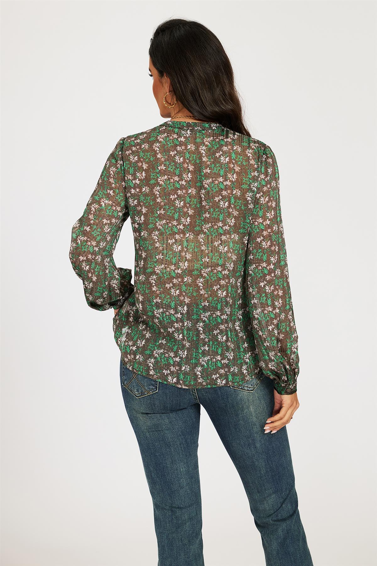 Silver Thread Print Long Sleeve Sheer Blouse In Brown