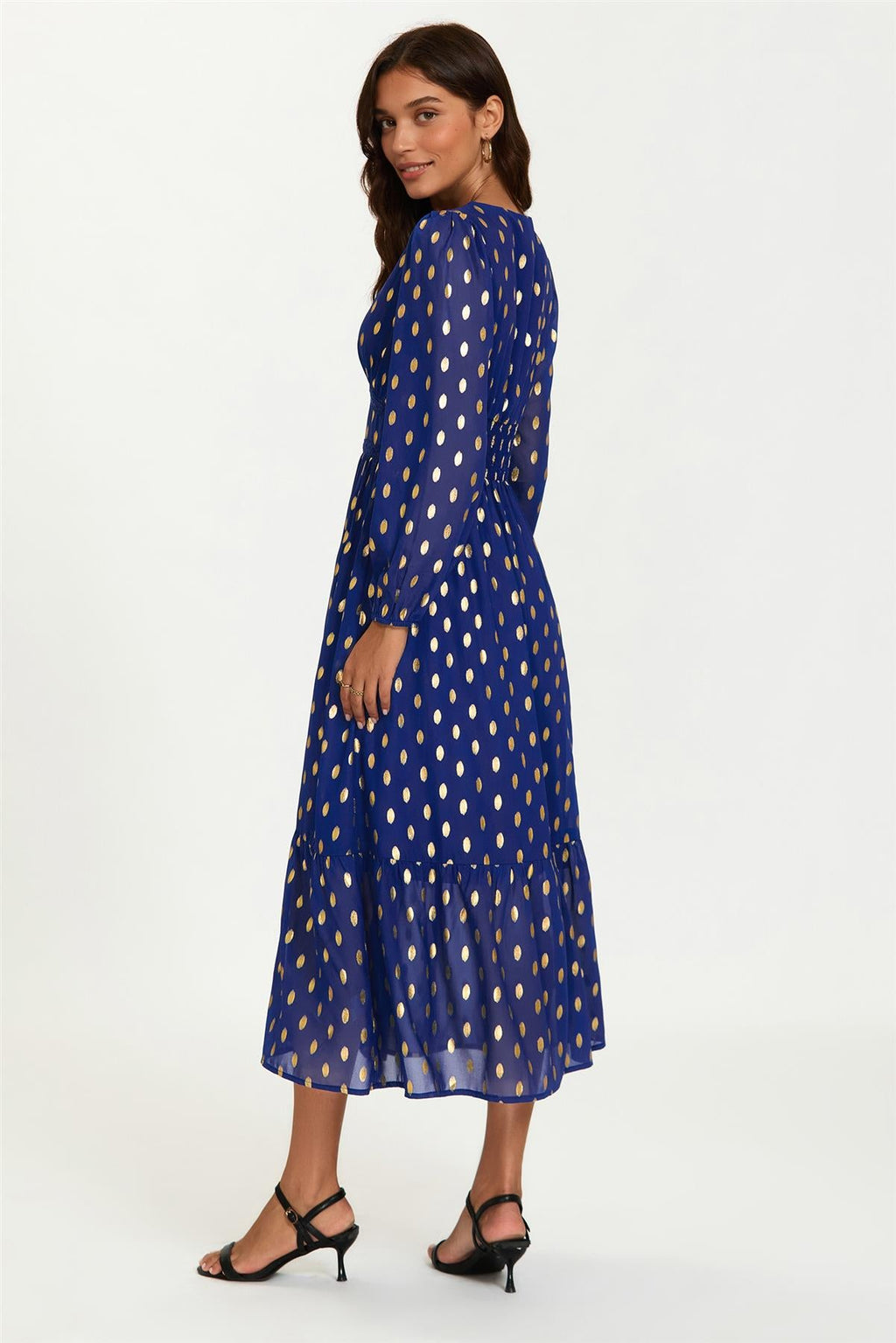 Lace Trim Foil Long Sleeve Maxi Dress In Royal Blue