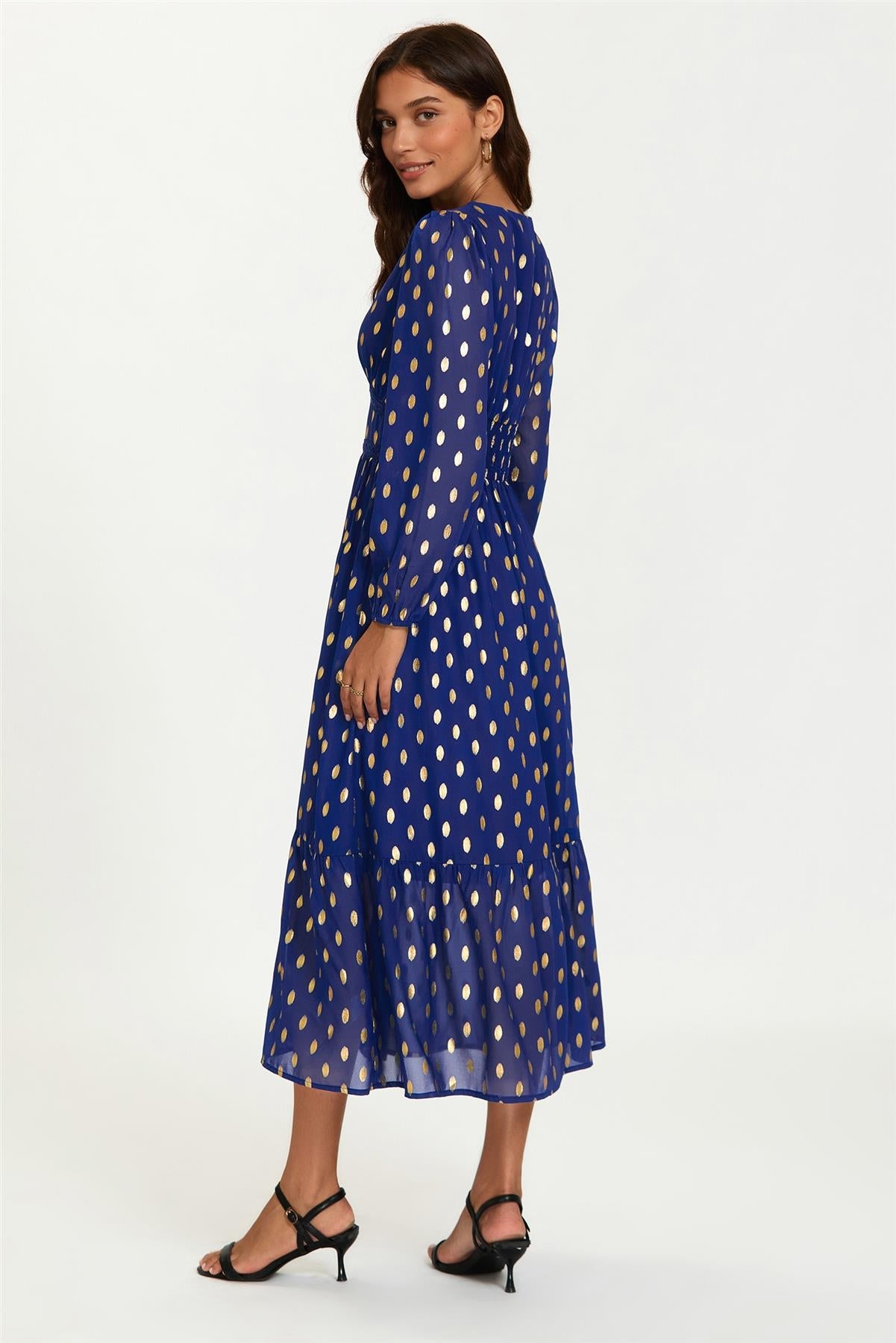 Lace Trim Foil Long Sleeve Maxi Dress In Royal Blue