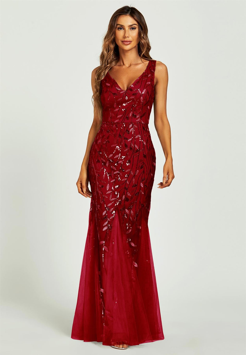 Sequin Leaf Detailed V Neck Bridesmaid Maxi Dress In Wine