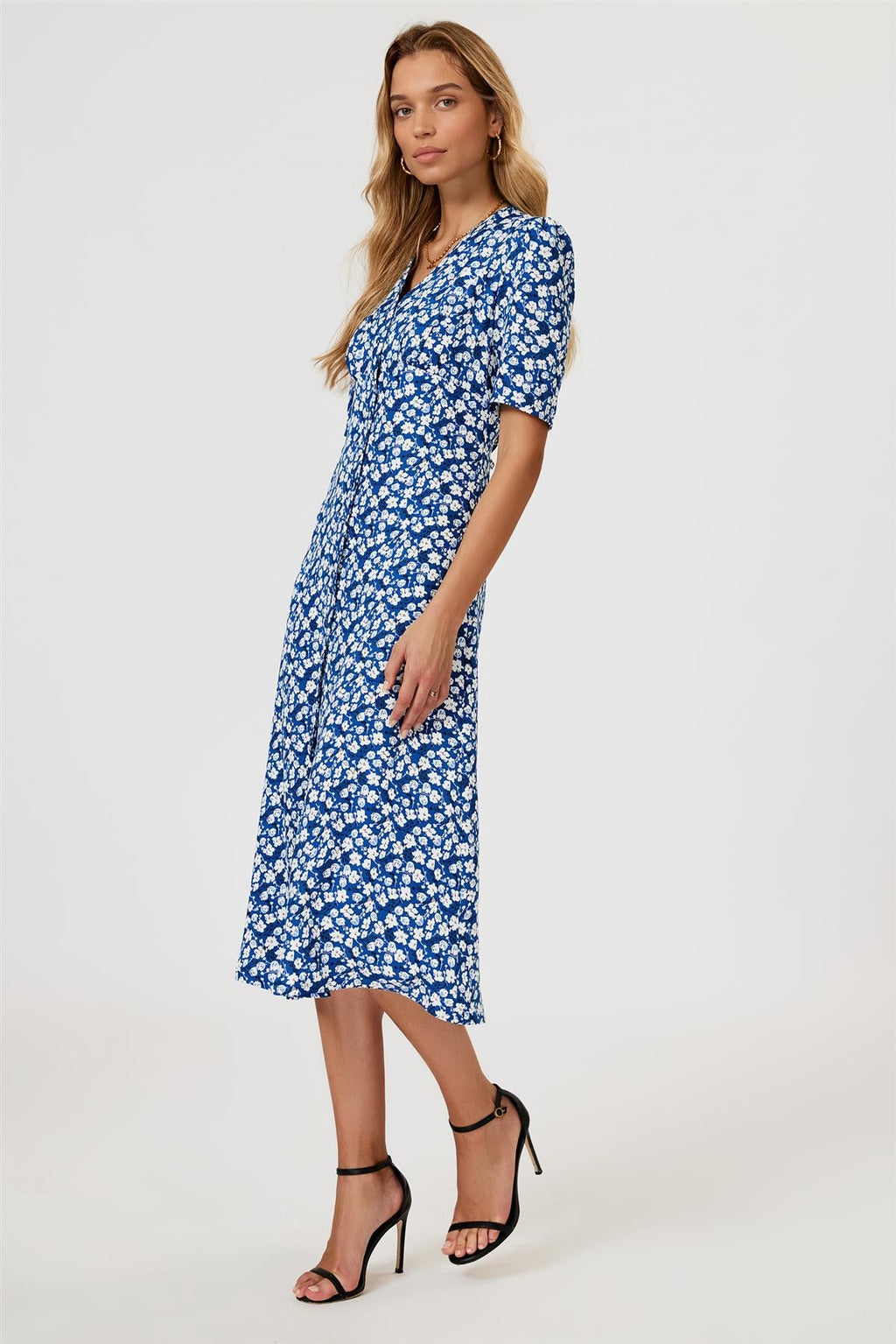 Floral Print Button Front Midi Dress In Blue