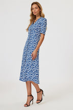 Floral Print Button Front Midi Dress In Blue