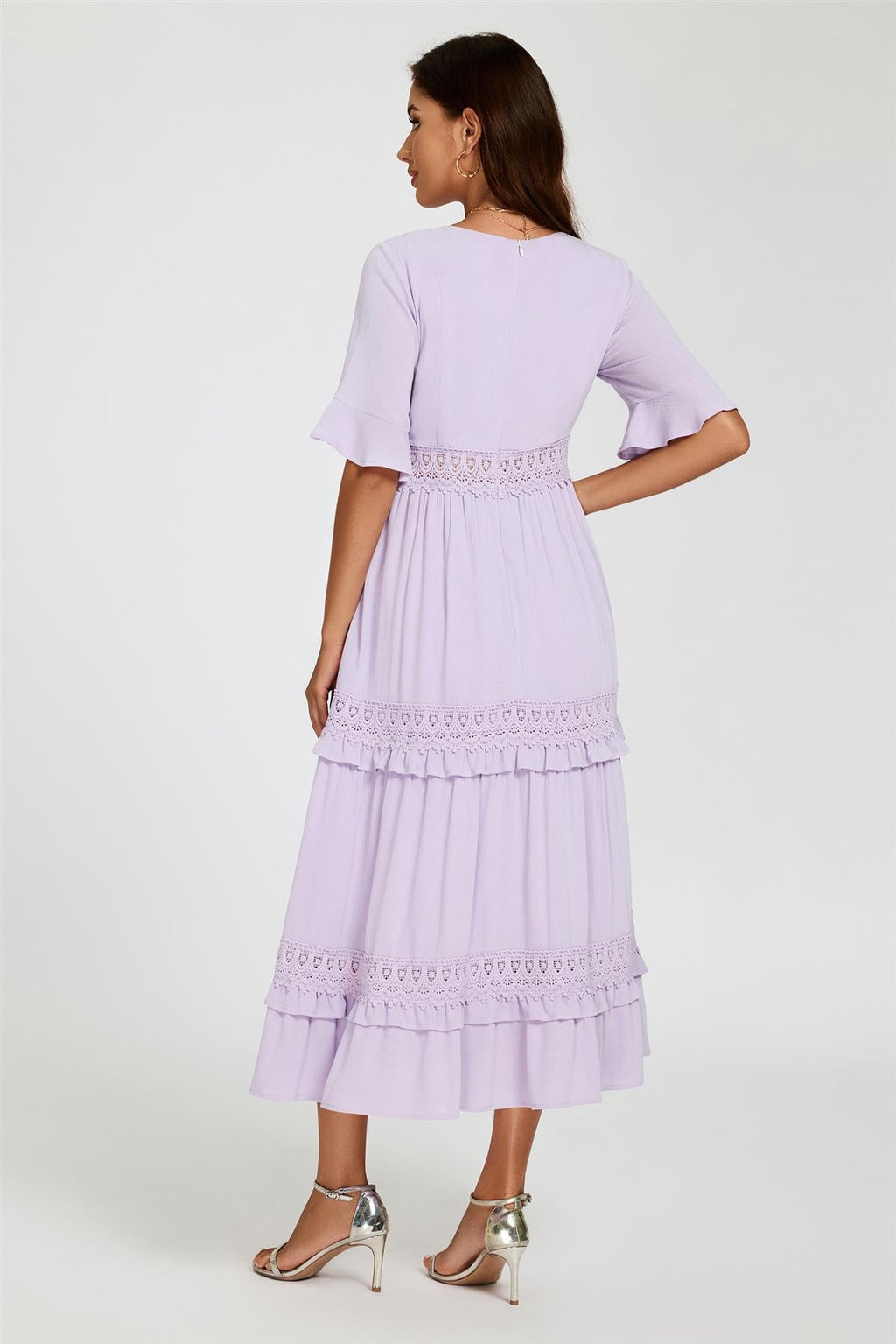 V Neck Lace Detail Midi Dress In Purple