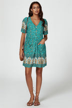 Print Boho Mini Dress In Green